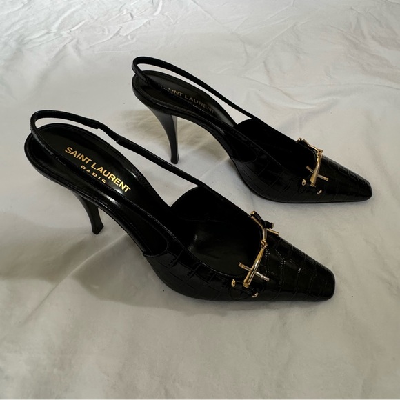 SAINT LAURENT BLADE SLINGBACK PUMPS IN CROCODILE-EMBOSSED PATENT LEATHER - Picture 4 of 9